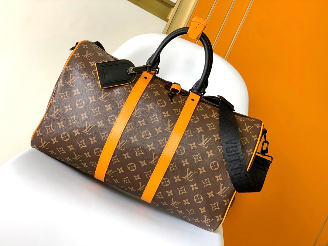 Louis Vuitton Luxury Monogram Canvas Travel Duffle Bag with Orange Straps