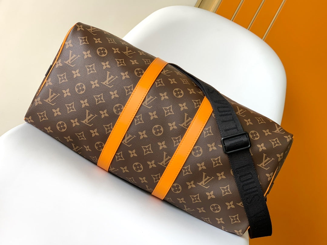 Louis Vuitton Luxury Monogram Canvas Travel Duffle Bag with Orange Straps