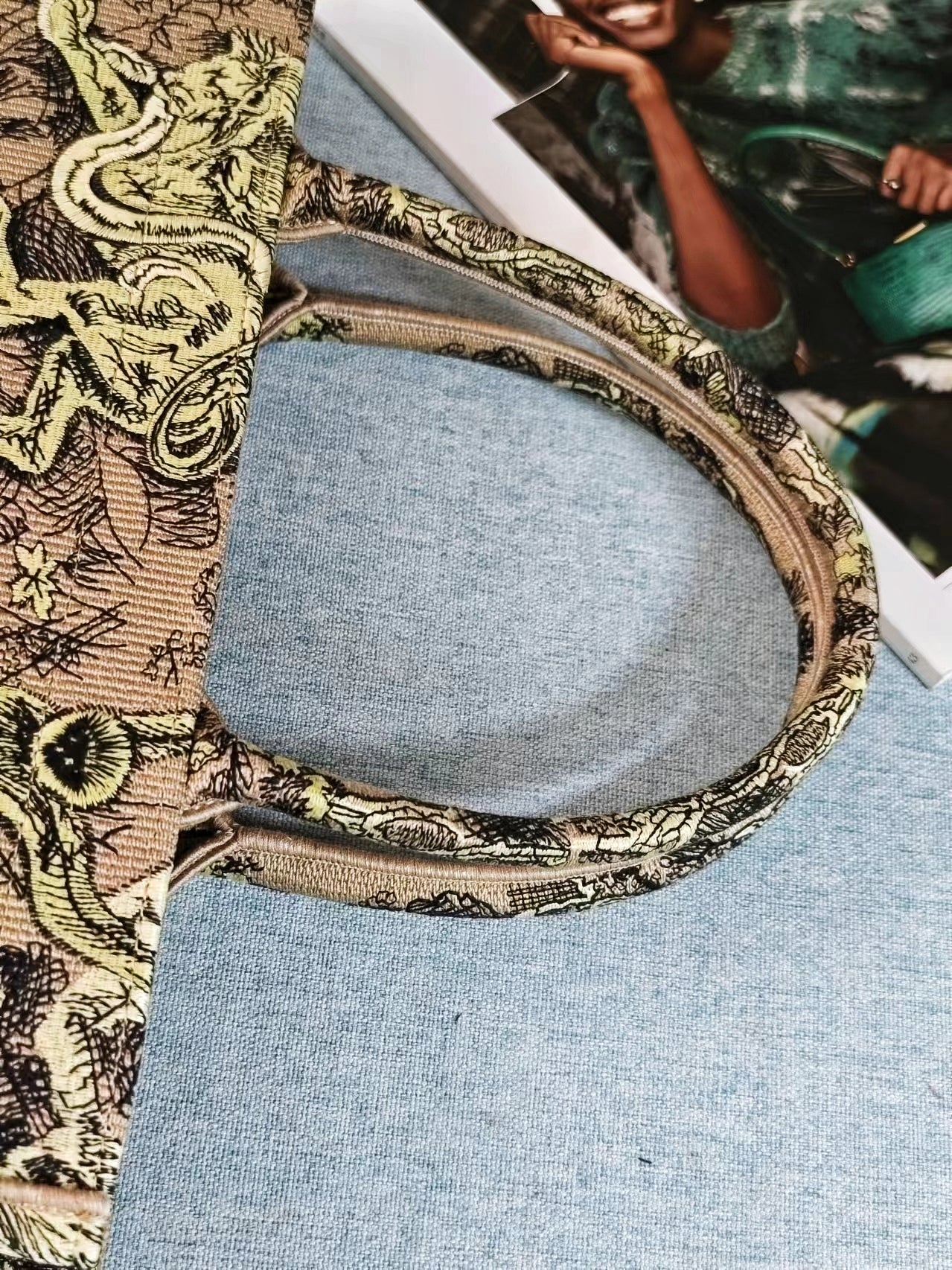 Dior Embroidered Jungle Animal Print Canvas Tote Bag with Top Handle