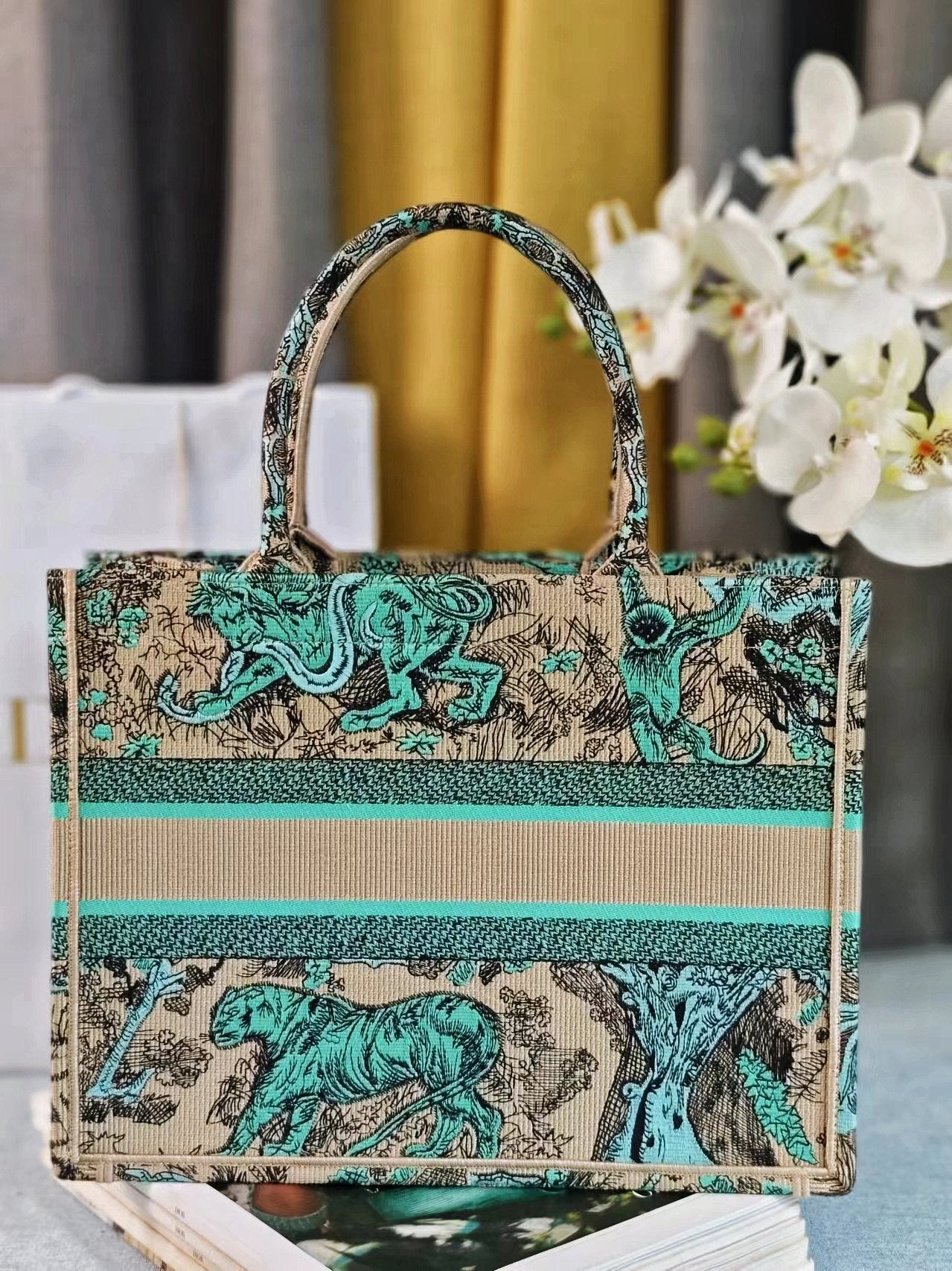 Christian Dior Medium Book Tote Bag - Teal and Beige Toile de Jouy Animal Embroidery