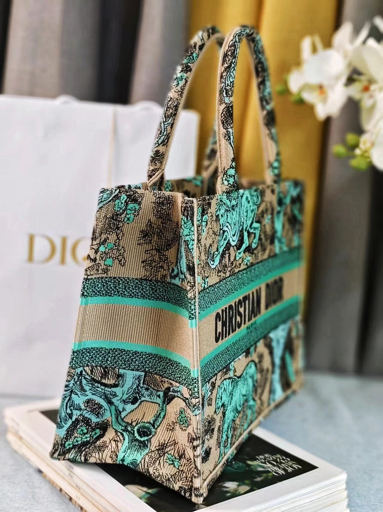 Dior Vintage Green Jungle Animal Embroidered Canvas Tote Handbag