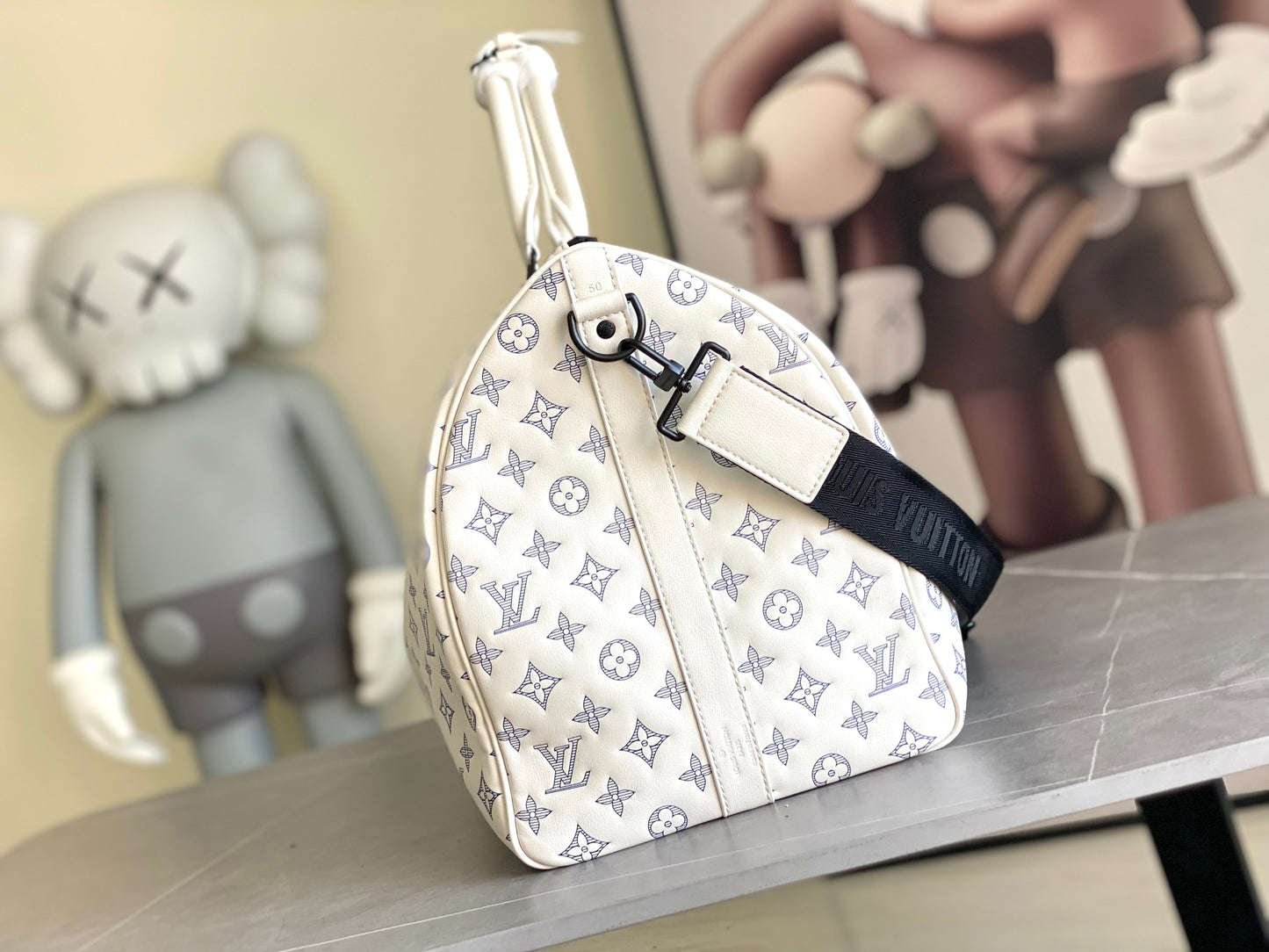 Louis Vuitton Luxury White Monogram Travel Duffle Bag with Shoulder Strap