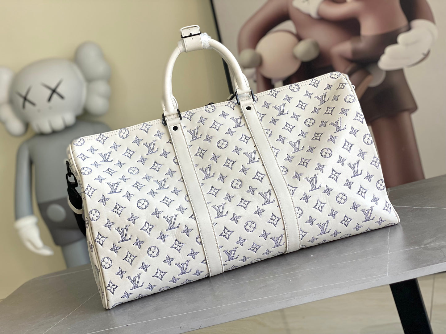 Louis Vuitton Luxury White Monogram Travel Duffle Bag with Shoulder Strap