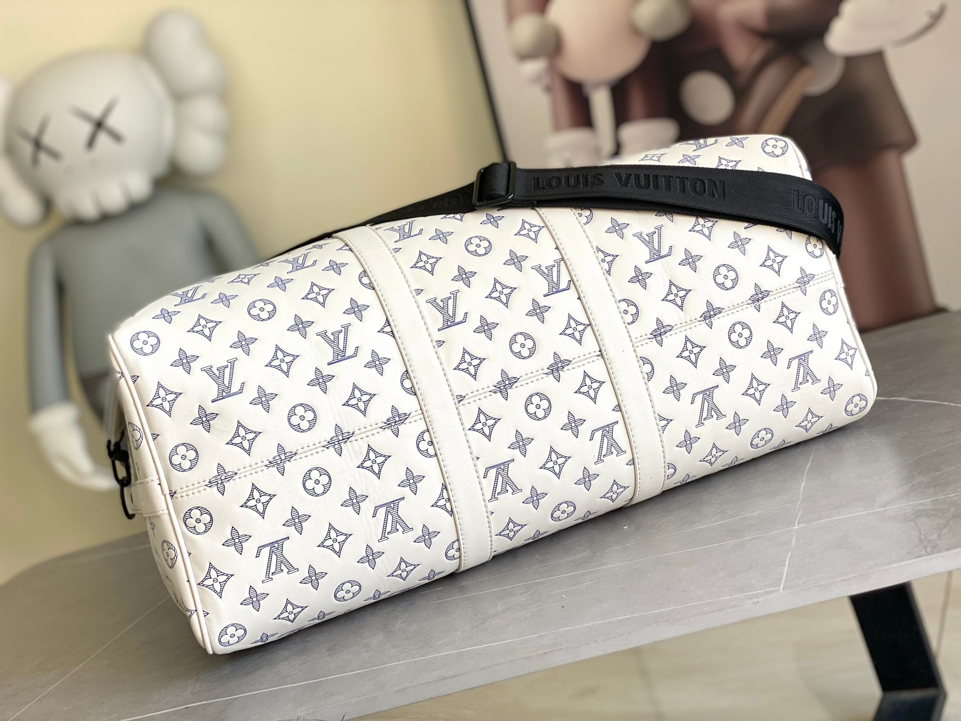 Louis Vuitton Luxury White Monogram Travel Duffle Bag with Shoulder Strap