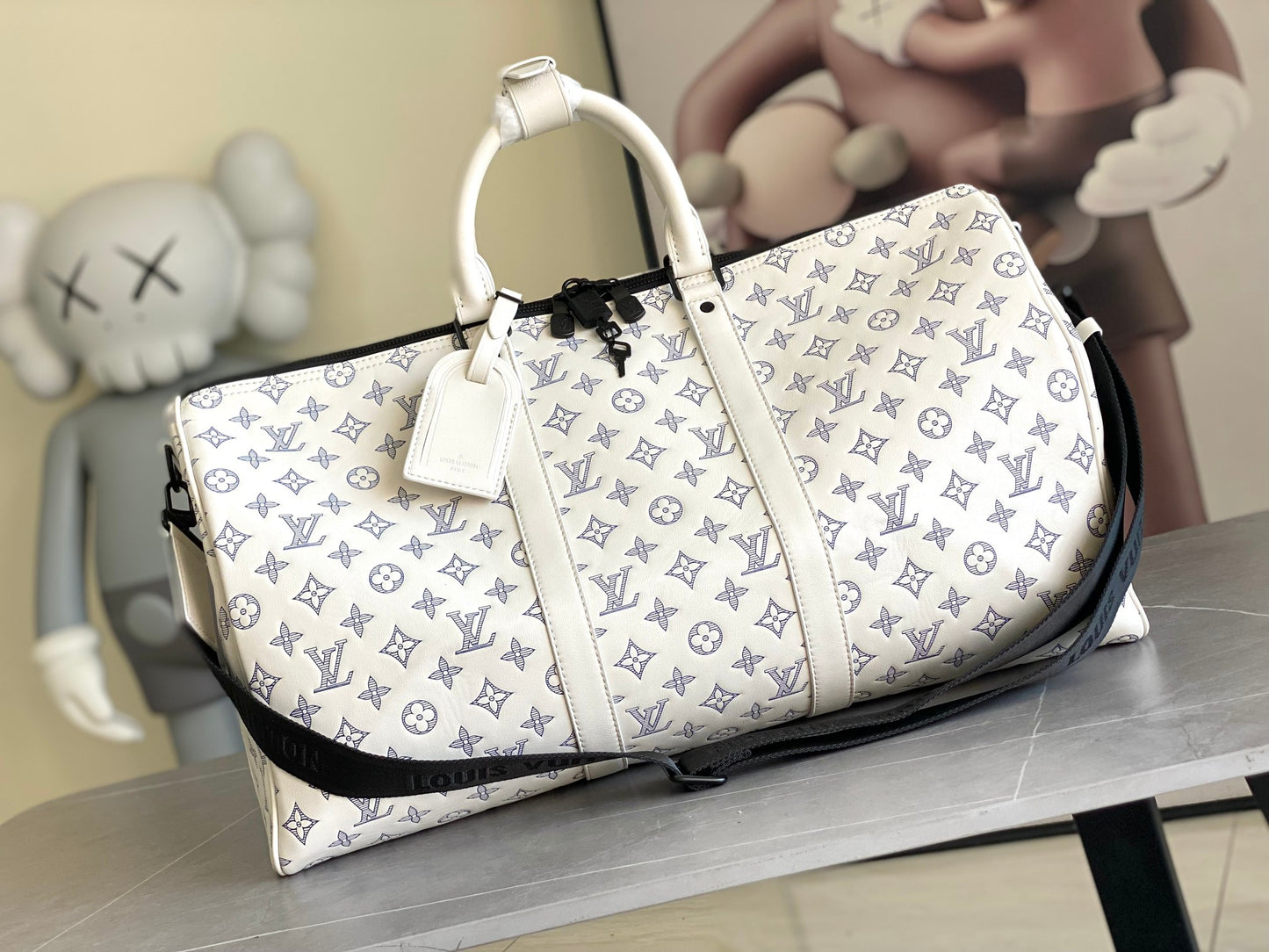 Louis Vuitton Luxury White Monogram Travel Duffle Bag with Shoulder Strap