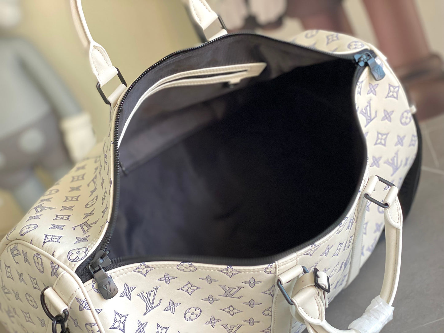 Louis Vuitton Luxury White Monogram Travel Duffle Bag with Shoulder Strap