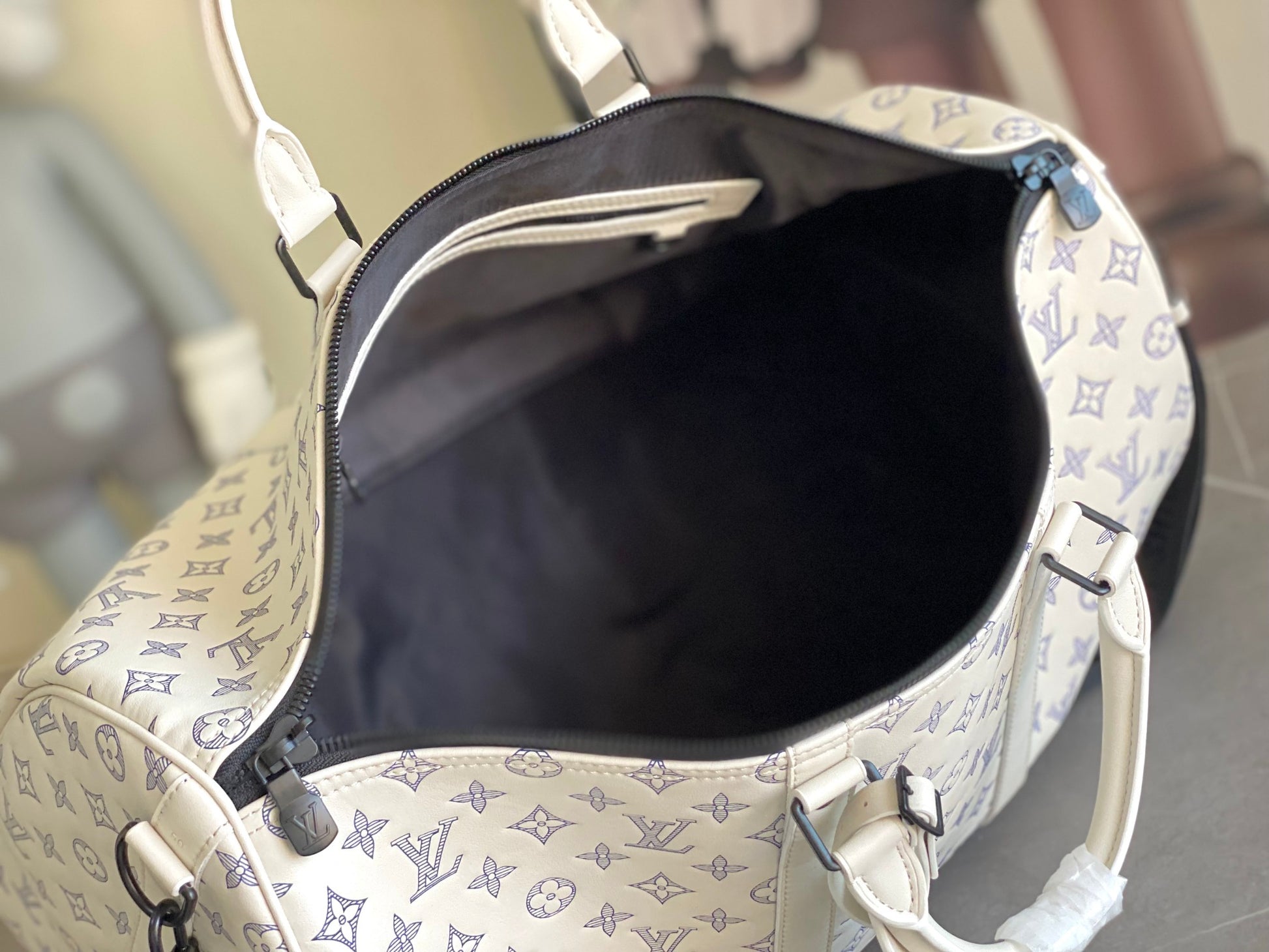 Louis Vuitton Luxury White Monogram Travel Duffle Bag with Shoulder Strap