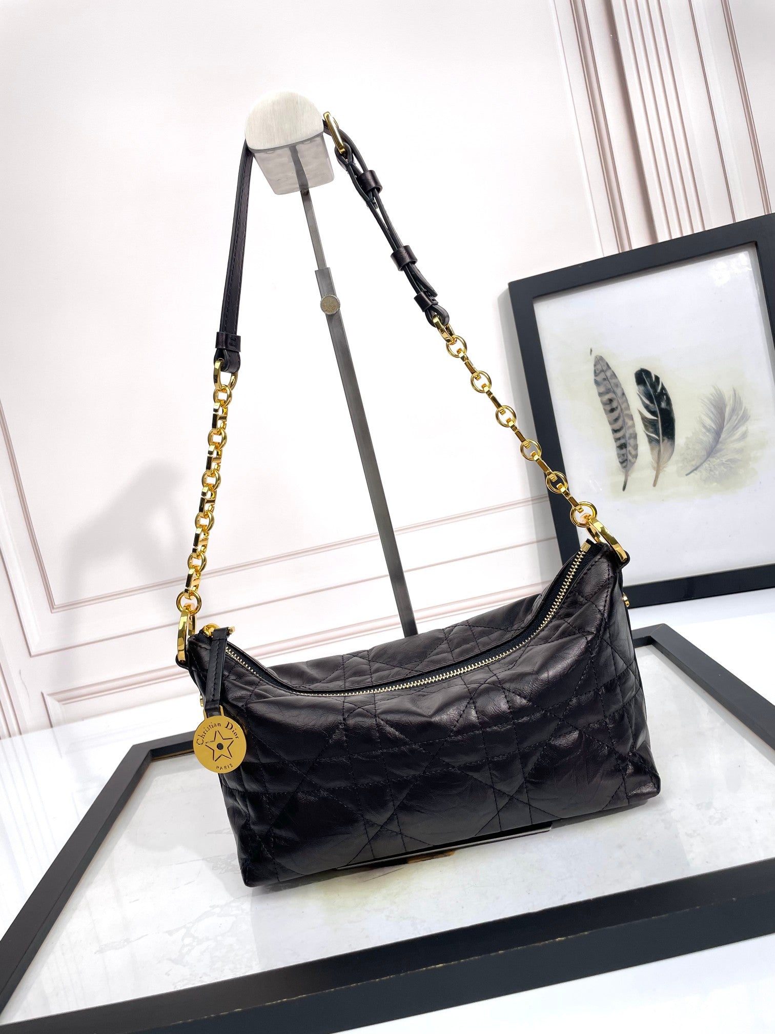 Dior Black Quilted Leather Shoulder Bag with Gold Chain Strap