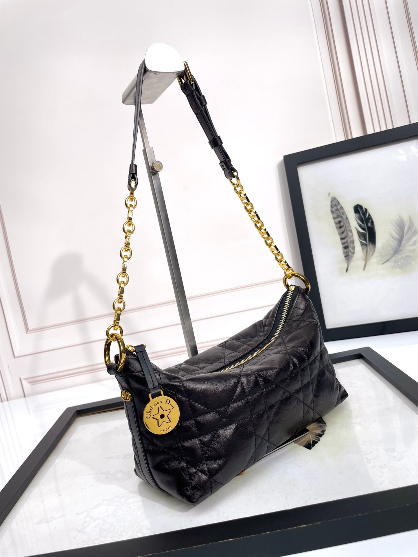 Dior Black Quilted Leather Shoulder Bag with Gold Chain Strap
