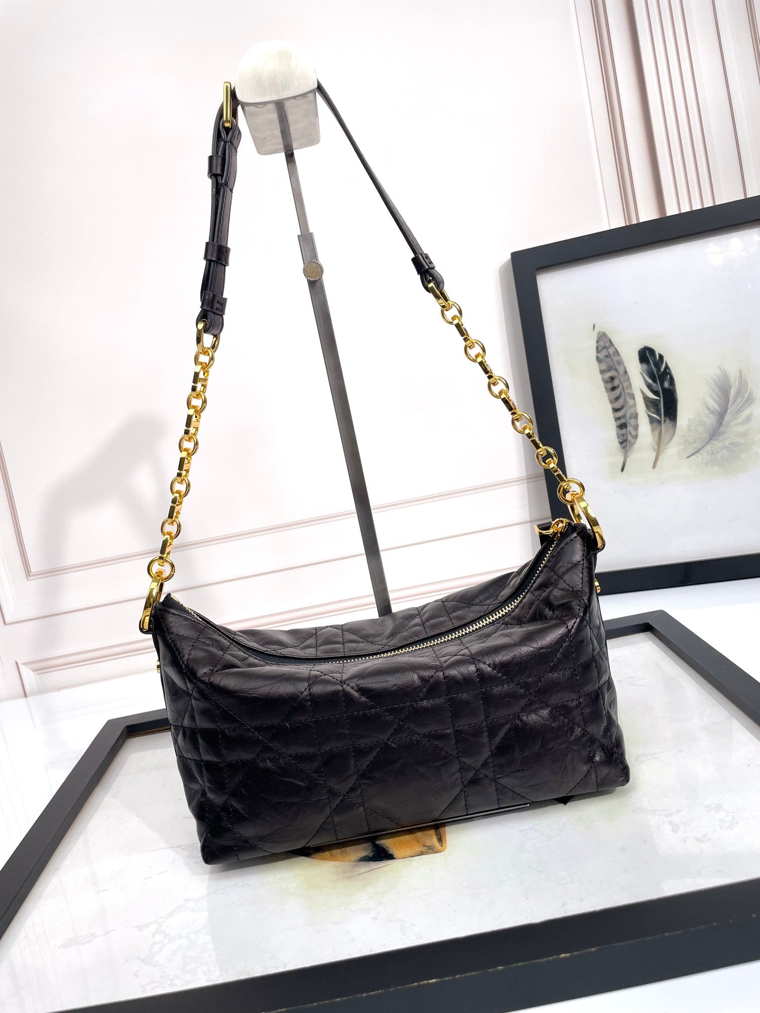 Dior Black Quilted Leather Shoulder Bag with Gold Chain Strap