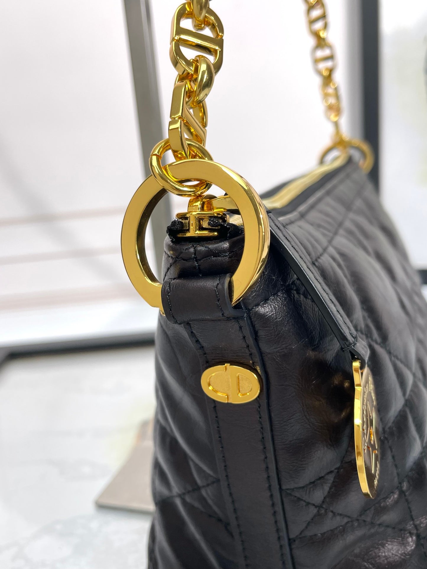 Dior Elegant Black Quilted Leather Shoulder Bag with Gold Chain