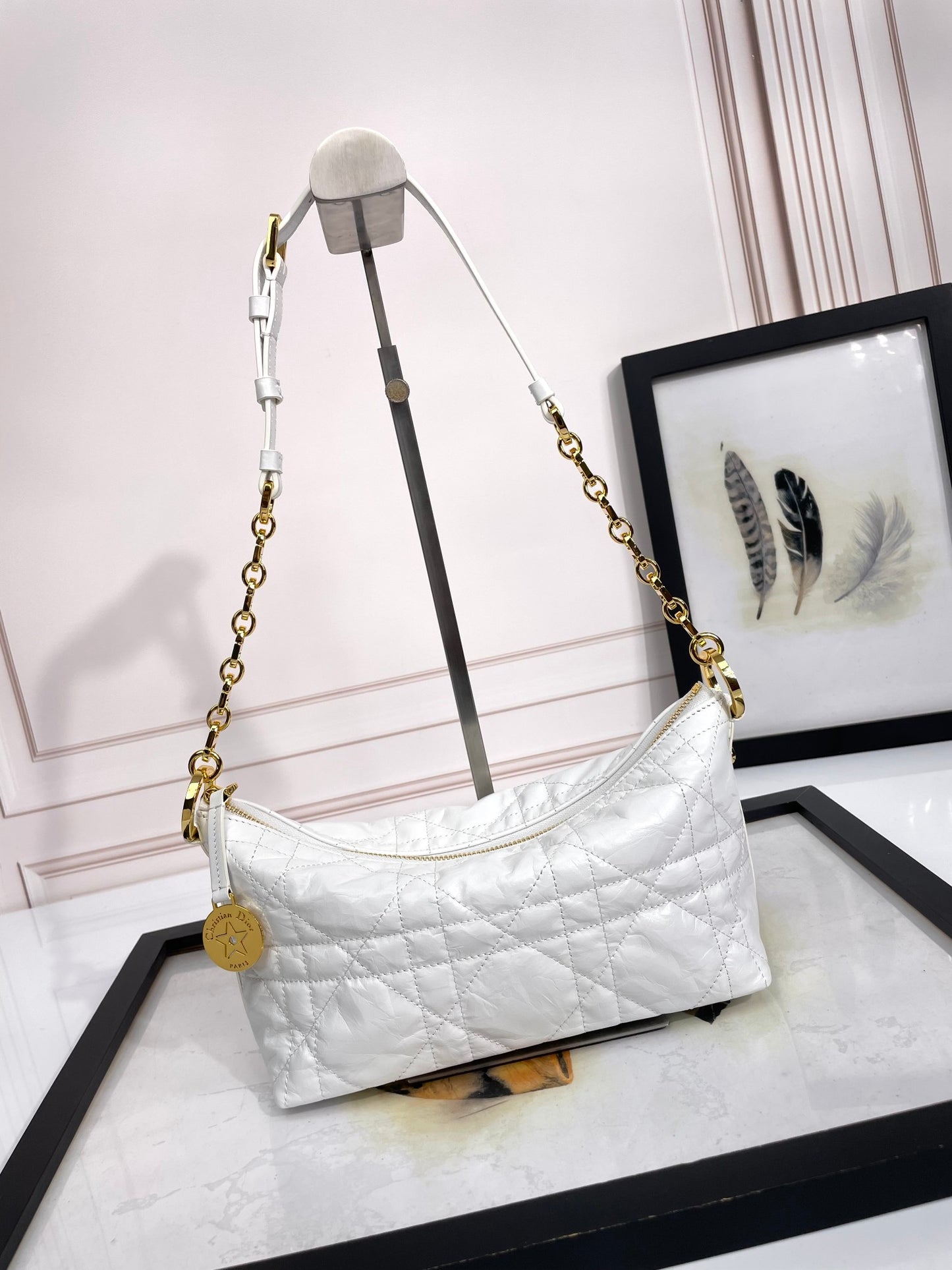 Dior Elegant White Quilted Hobo Handbag with Gold Chain Strap