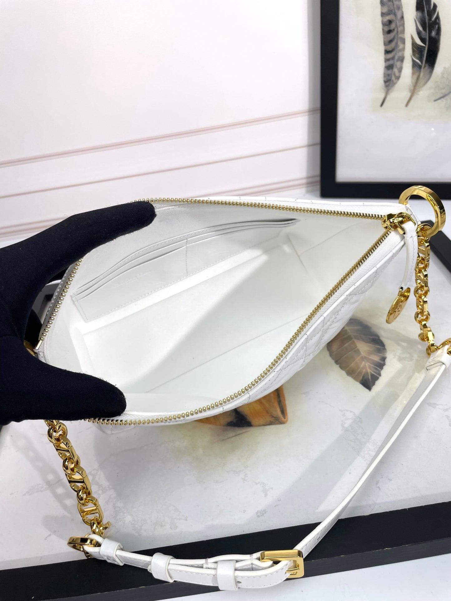 Dior Elegant White Quilted Hobo Shoulder Bag with Gold Chain