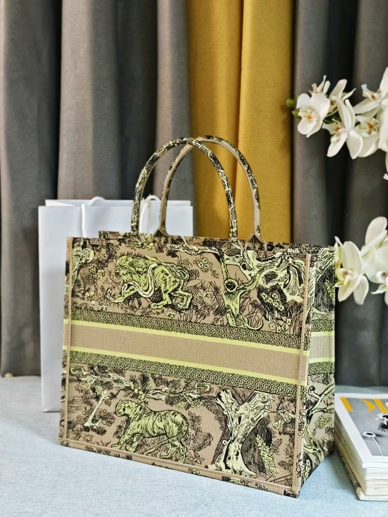 Dior Vintage Green Toile de Jouy Animal Print Canvas Tote Bag