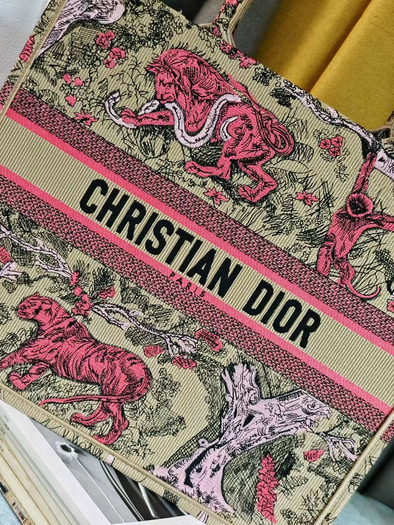 Dior Pink Tiger Embroidered Canvas Tote Bag Top Handle Handbag
