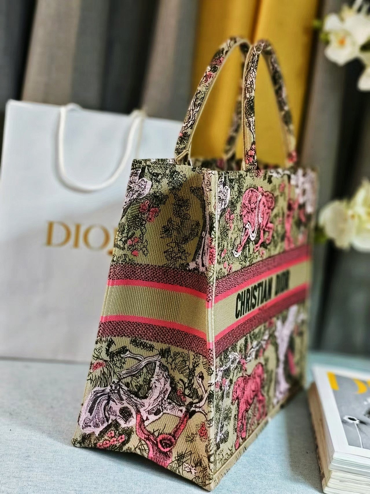 Dior Pink Tiger Embroidered Canvas Tote Bag Top Handle Handbag