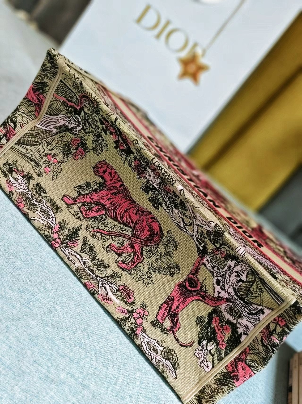 Dior Pink Tiger Embroidered Canvas Tote Bag Top Handle Handbag