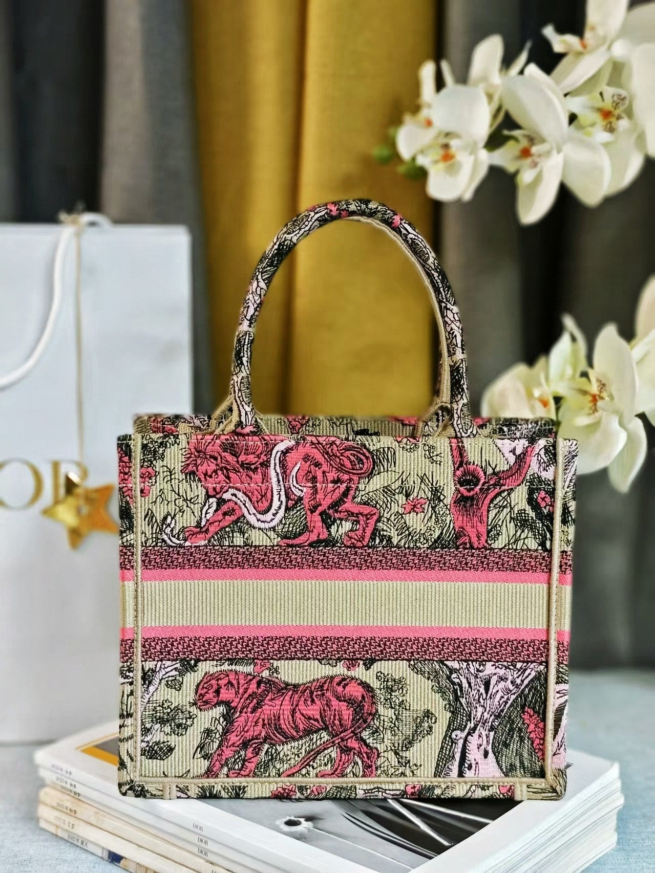 Dior Vintage Pink Tiger Pattern Embroidered Top Handle Tote Bag