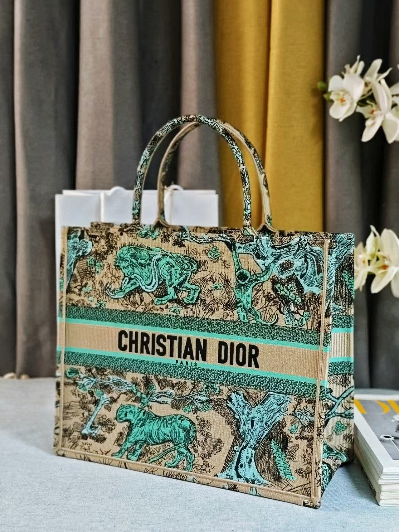 Dior Luxury Teal Jungle Animal Embroidered Canvas Tote Handbag