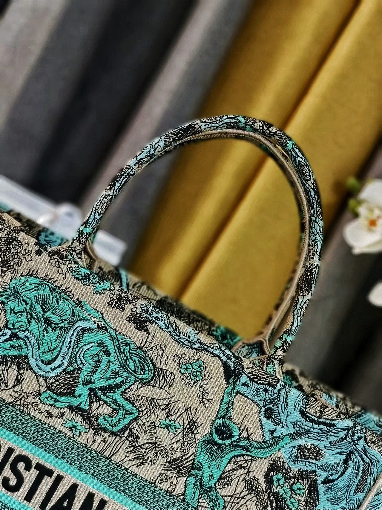Dior Luxury Teal Jungle Animal Embroidered Canvas Tote Handbag