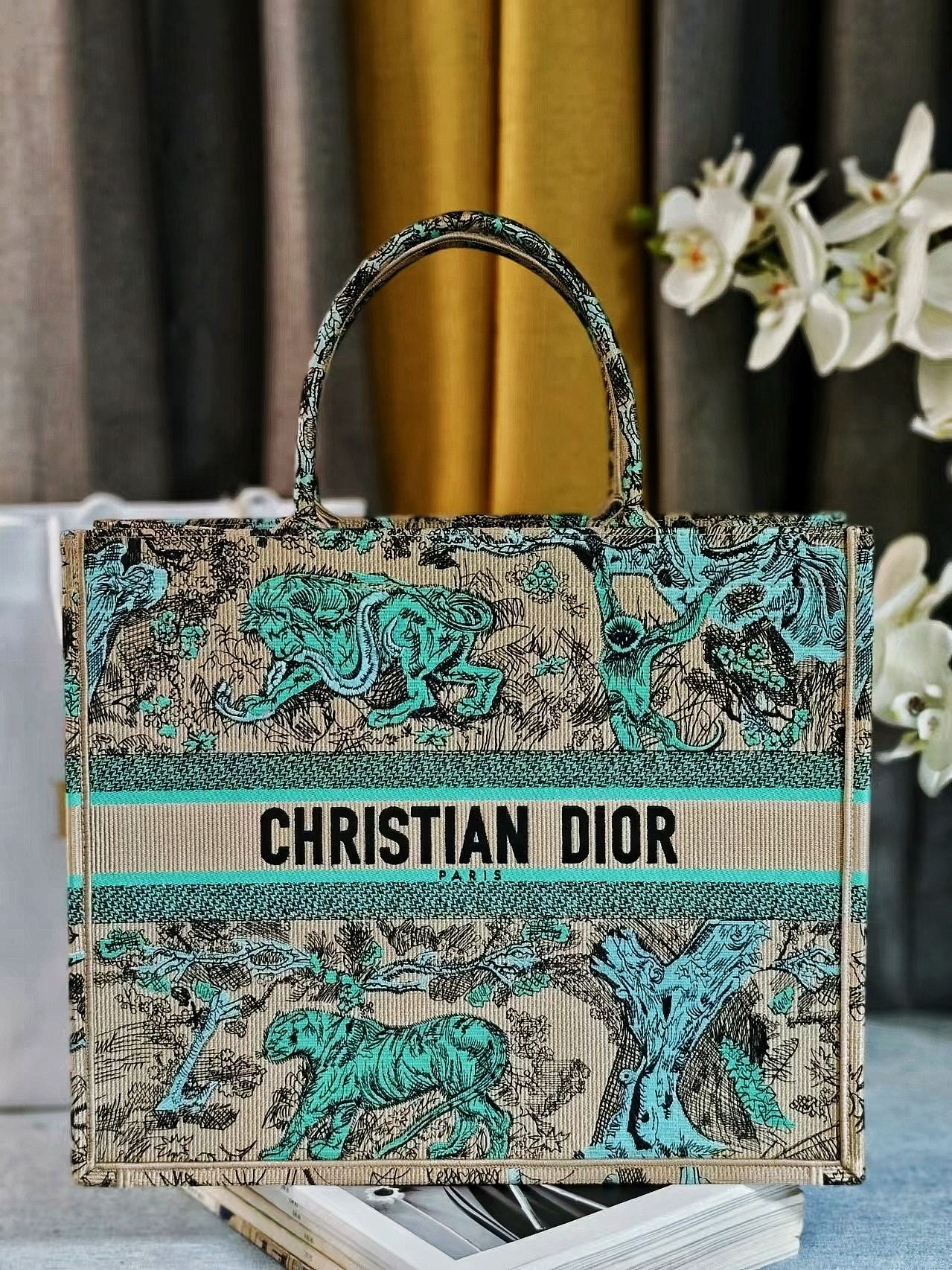 Dior Luxury Teal Jungle Animal Embroidered Canvas Tote Handbag