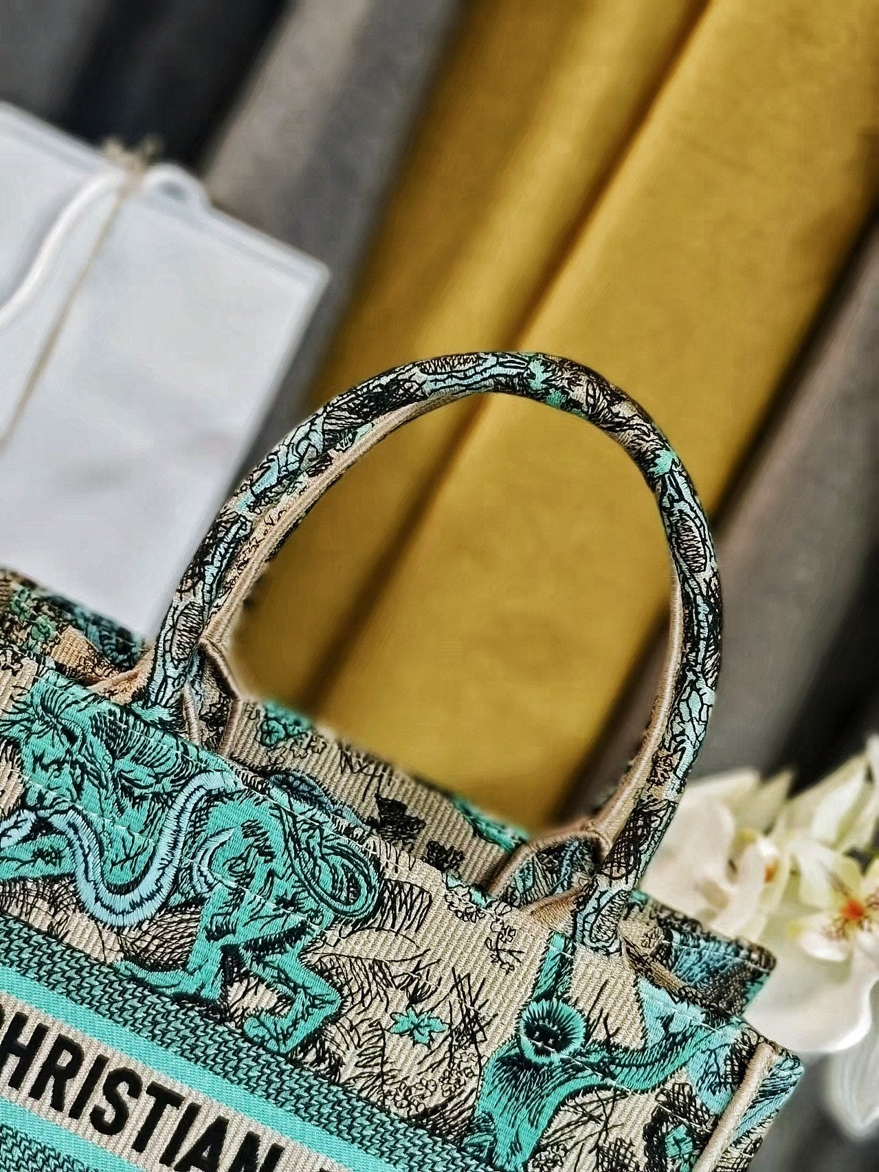 Christian Dior Small Book Tote Green Toile de Jouy Embroidery Handbag