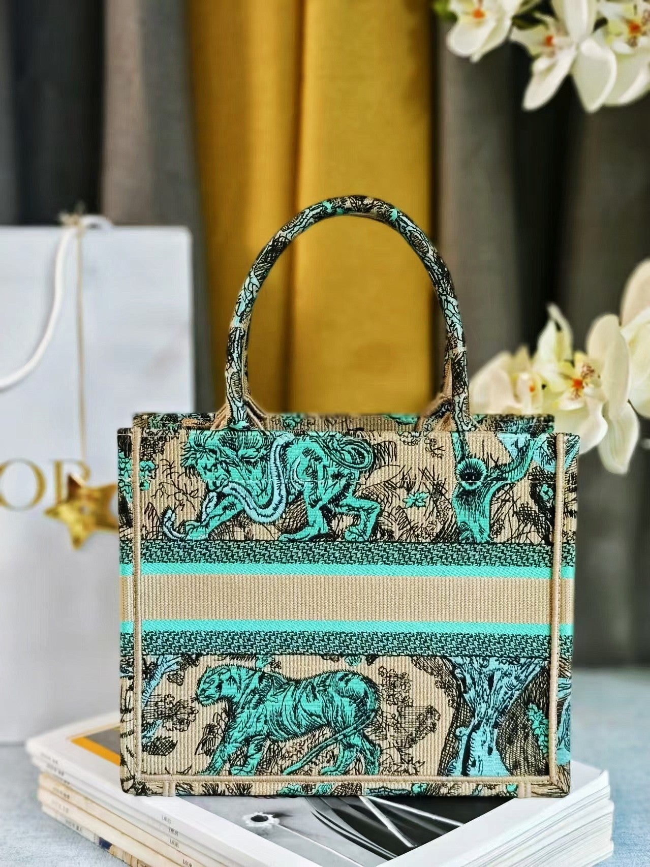 Christian Dior Small Book Tote Green Toile de Jouy Embroidery Handbag