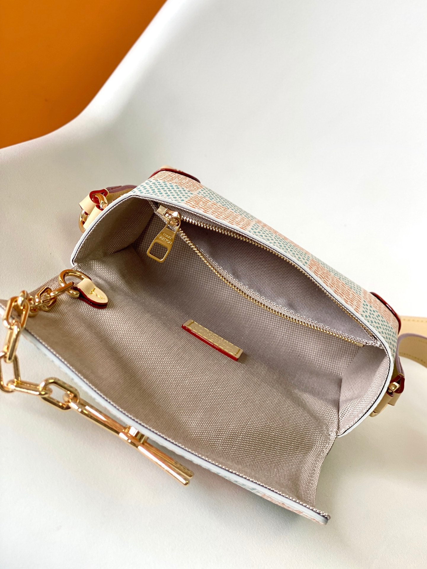 Louis Vuitton Pastel Checkerboard Crossbody Handbag with Gold Chain Detail