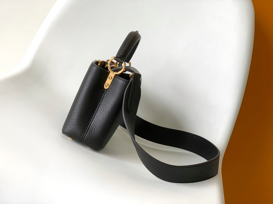 Louis Vuitton Black Textured Leather Top Handle Handbag with Gold V-Hardware