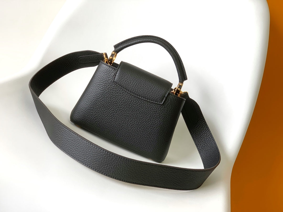 Louis Vuitton Black Textured Leather Top Handle Handbag with Gold V-Hardware