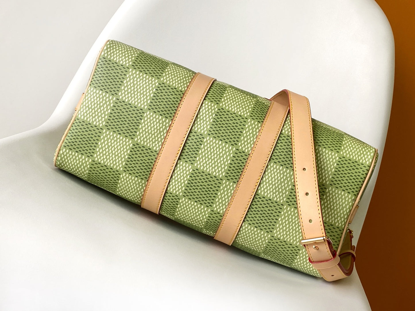 Louis Vuitton Green Checkered Canvas Duffle Handbag with Leather Handles
