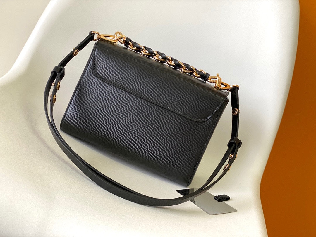 Louis Vuitton Luxury Black Leather Flap Shoulder Bag with Gold Chain Strap