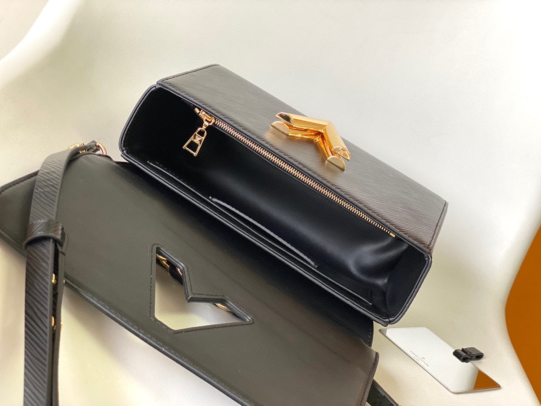 Louis Vuitton Luxury Black Leather Flap Shoulder Bag with Gold Chain Strap