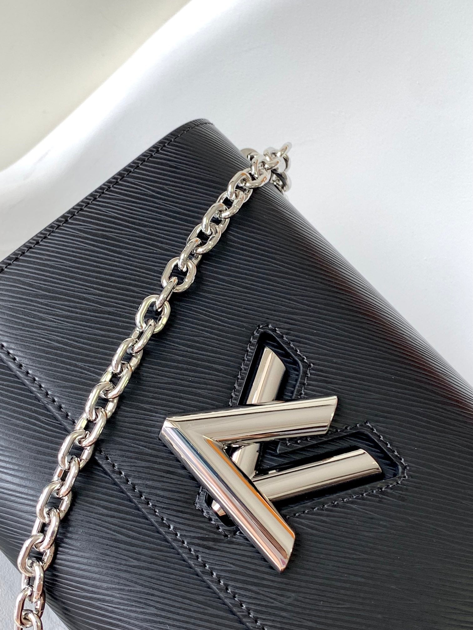 Louis Vuitton Black Textured Leather Crossbody Bag with Silver Chain Strap