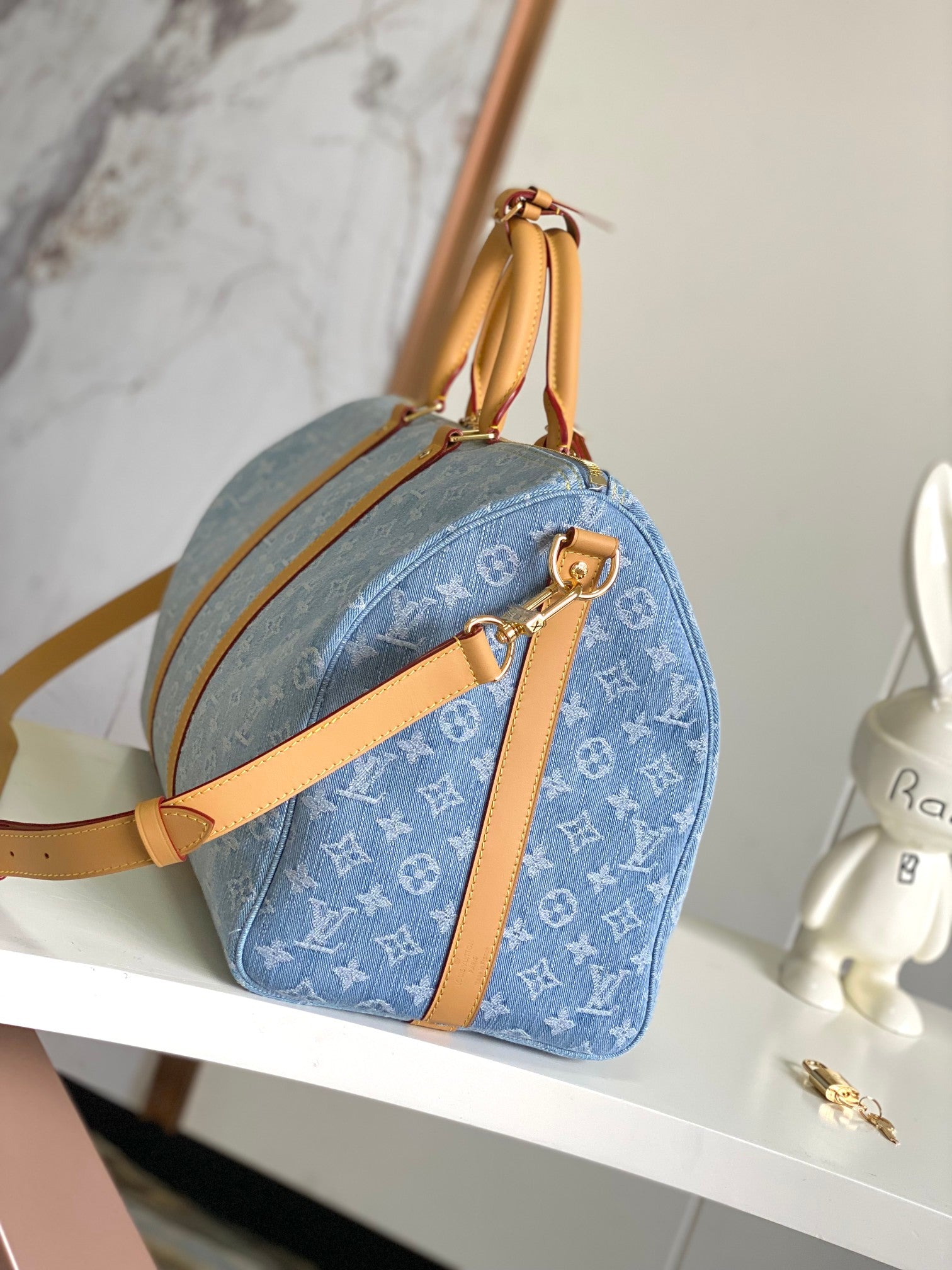 Louis Vuitton Light Blue Monogram Travel Duffle Bag with Tan Leather Trim