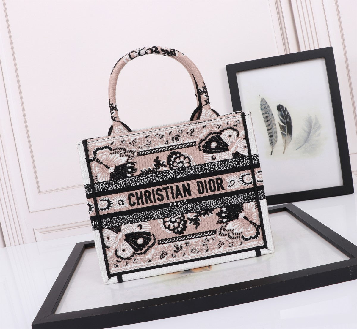 Dior Elegant Butterfly Embroidered Canvas Top Handle Tote Bag