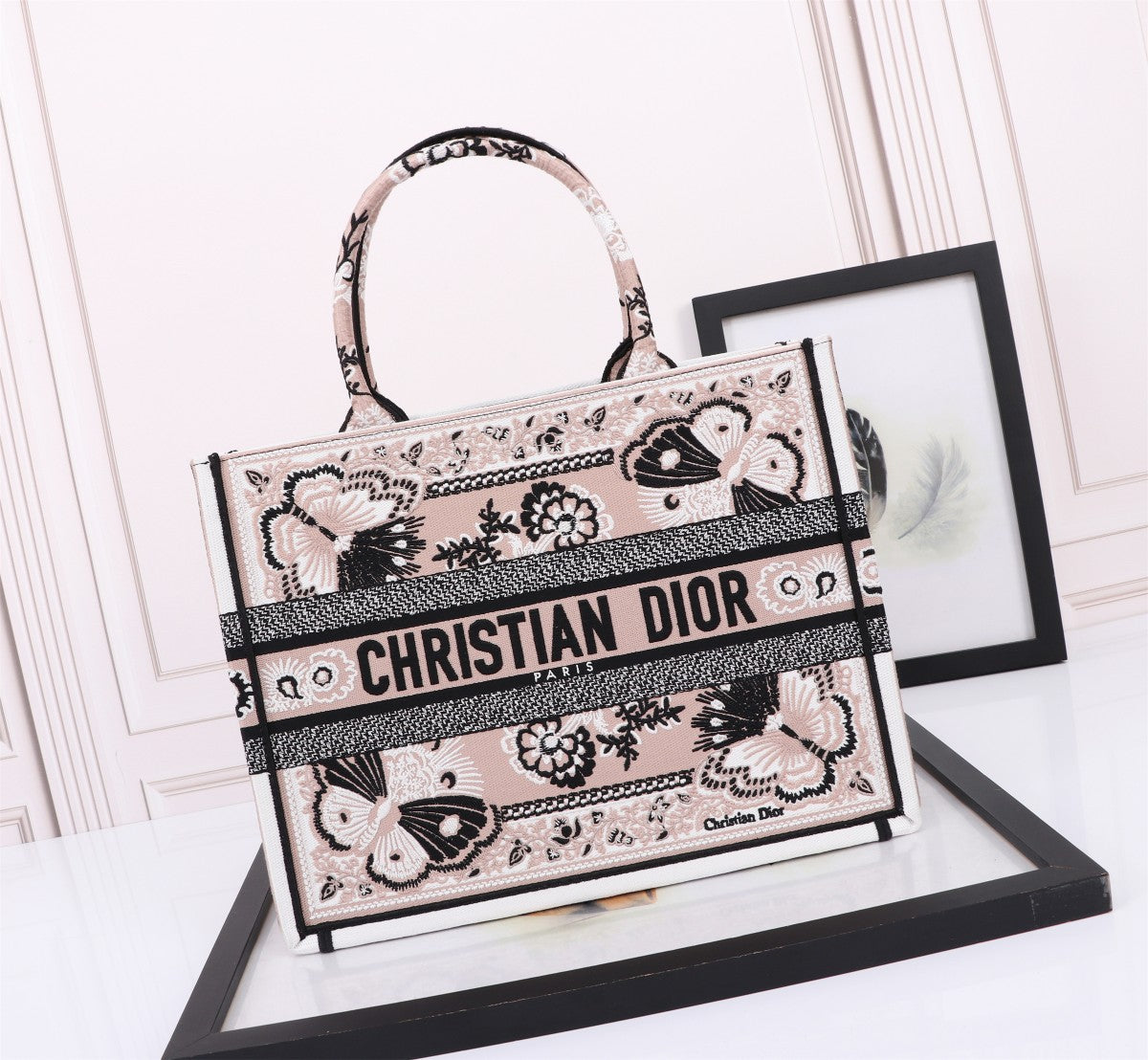 Dior Elegant Embroidered Butterfly Floral Canvas Tote Handbag
