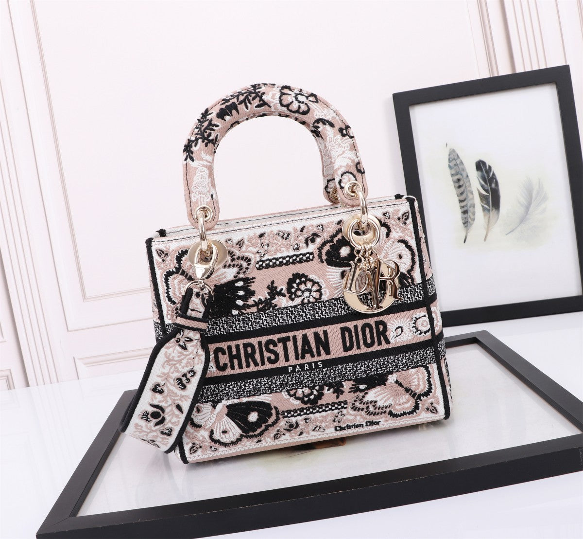 Dior Floral Embroidered Canvas Top Handle Bag with Shoulder Strap