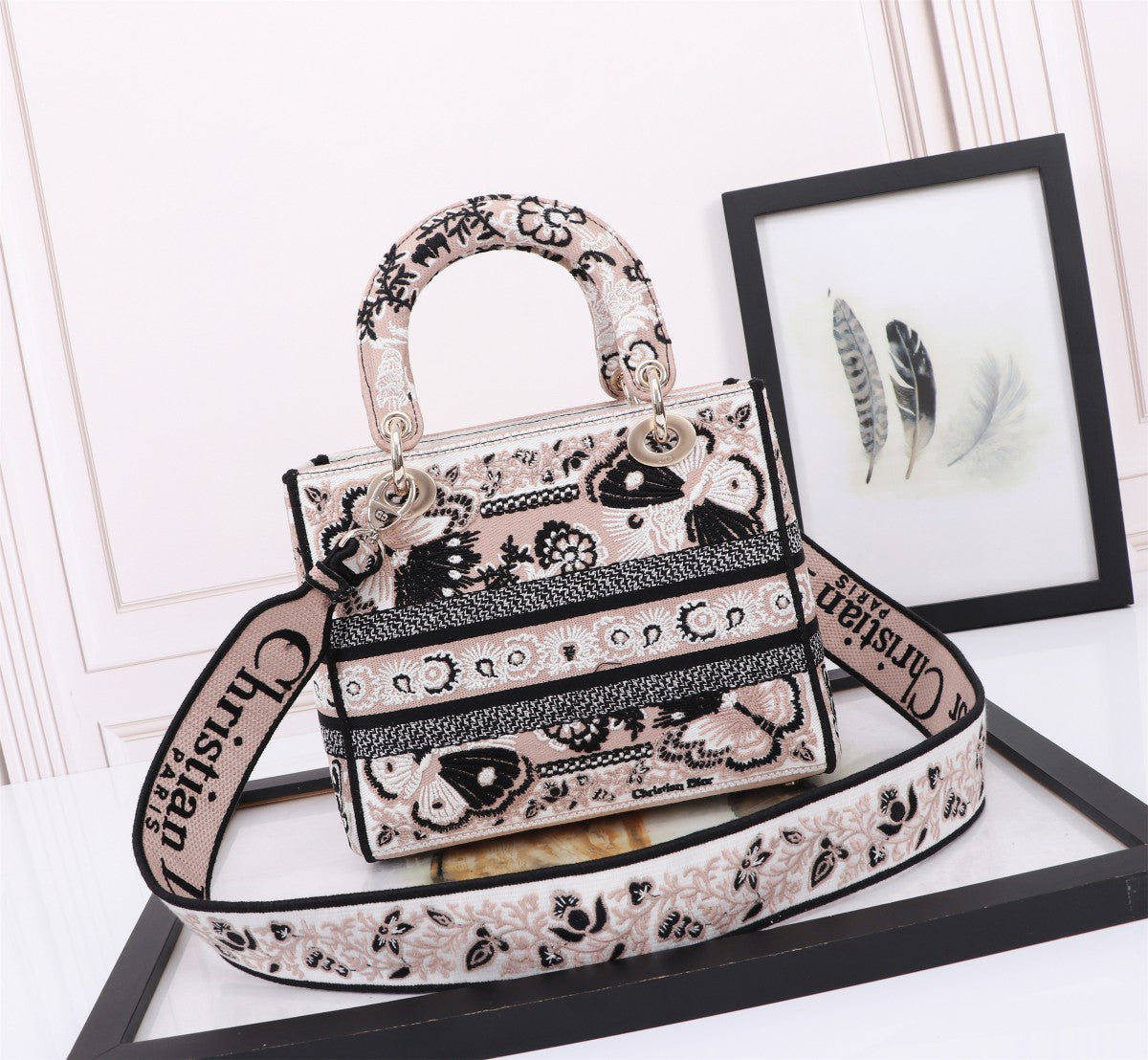 Christian Dior Lady D-Lite Handbag with Butterfly Embroidery - Cream and Black Canvas
