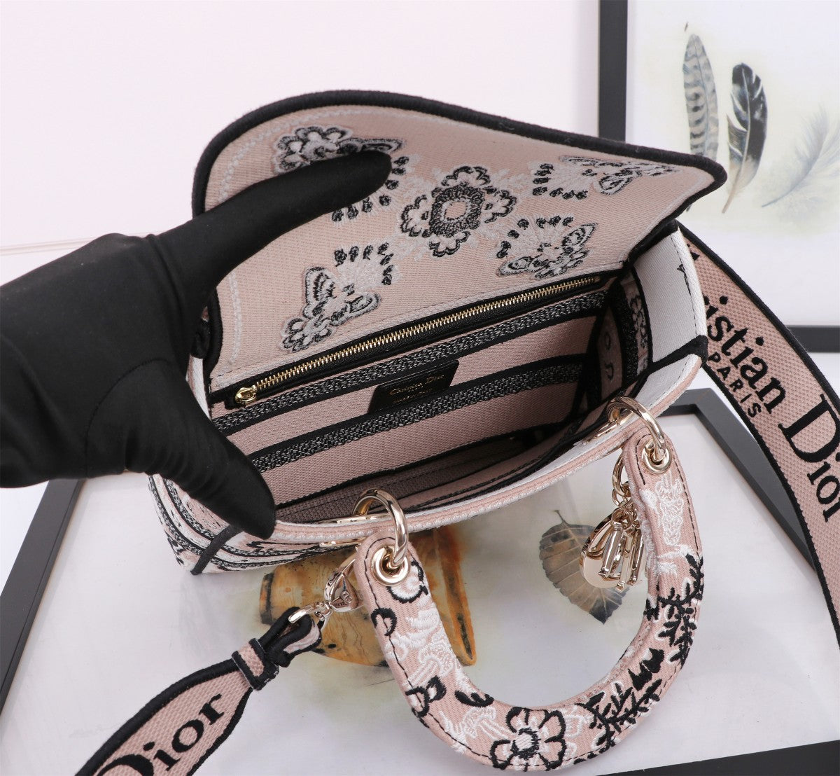Christian Dior Lady D-Lite Handbag with Butterfly Embroidery - Cream and Black Canvas