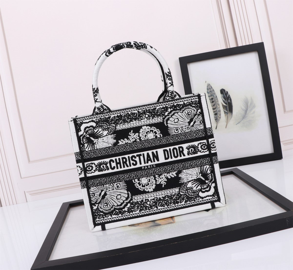 Dior Luxury Style Black and White Floral Embroidered Canvas Tote Bag