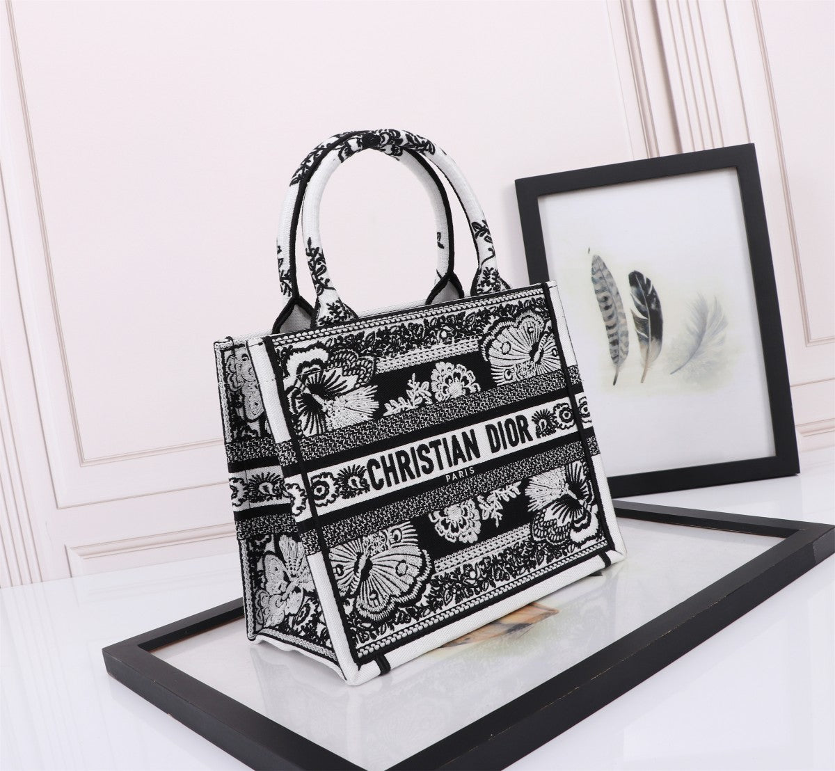 Dior Elegant Black and White Floral Embroidered Canvas Tote Handbag