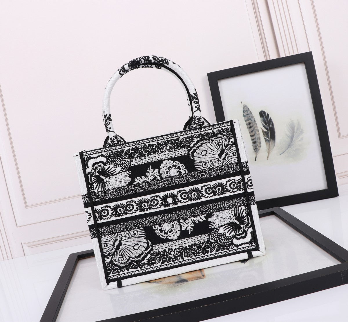 Dior Elegant Black and White Floral Embroidered Canvas Tote Handbag