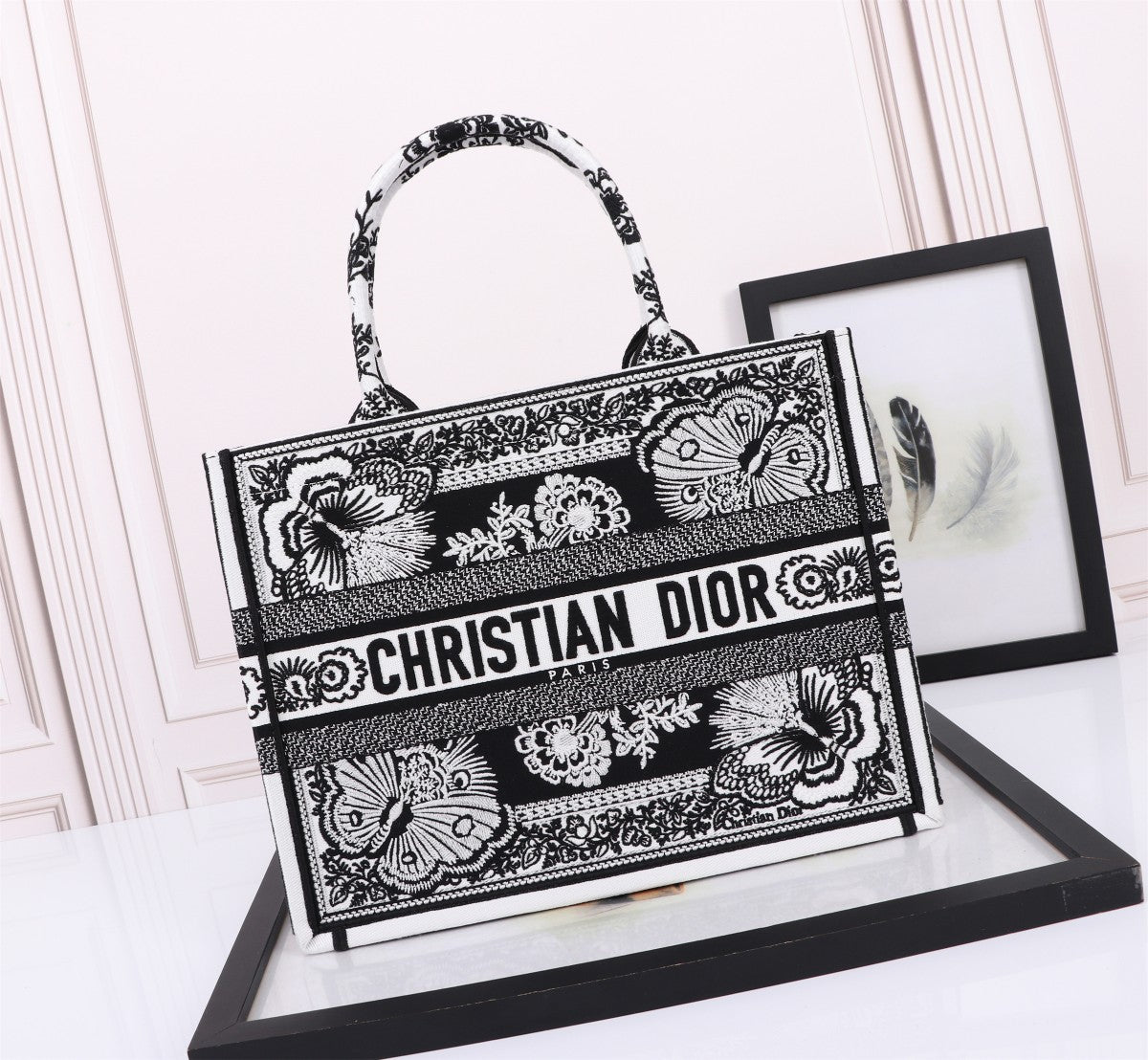 Christian Dior Book Tote Bag with Black and White Butterfly Embroidery