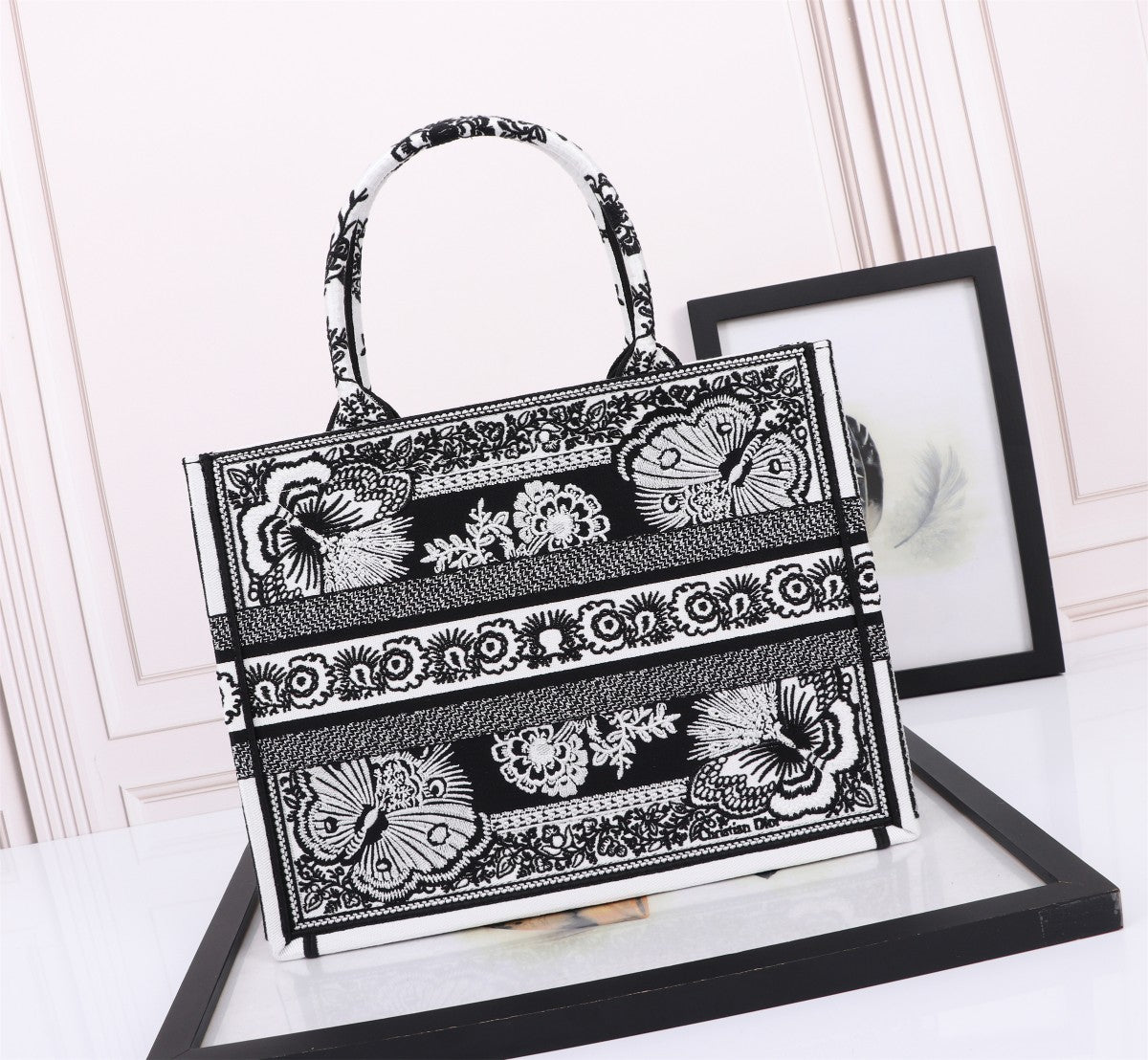 Dior Black and White Butterfly Print Embroidered Canvas Tote Bag