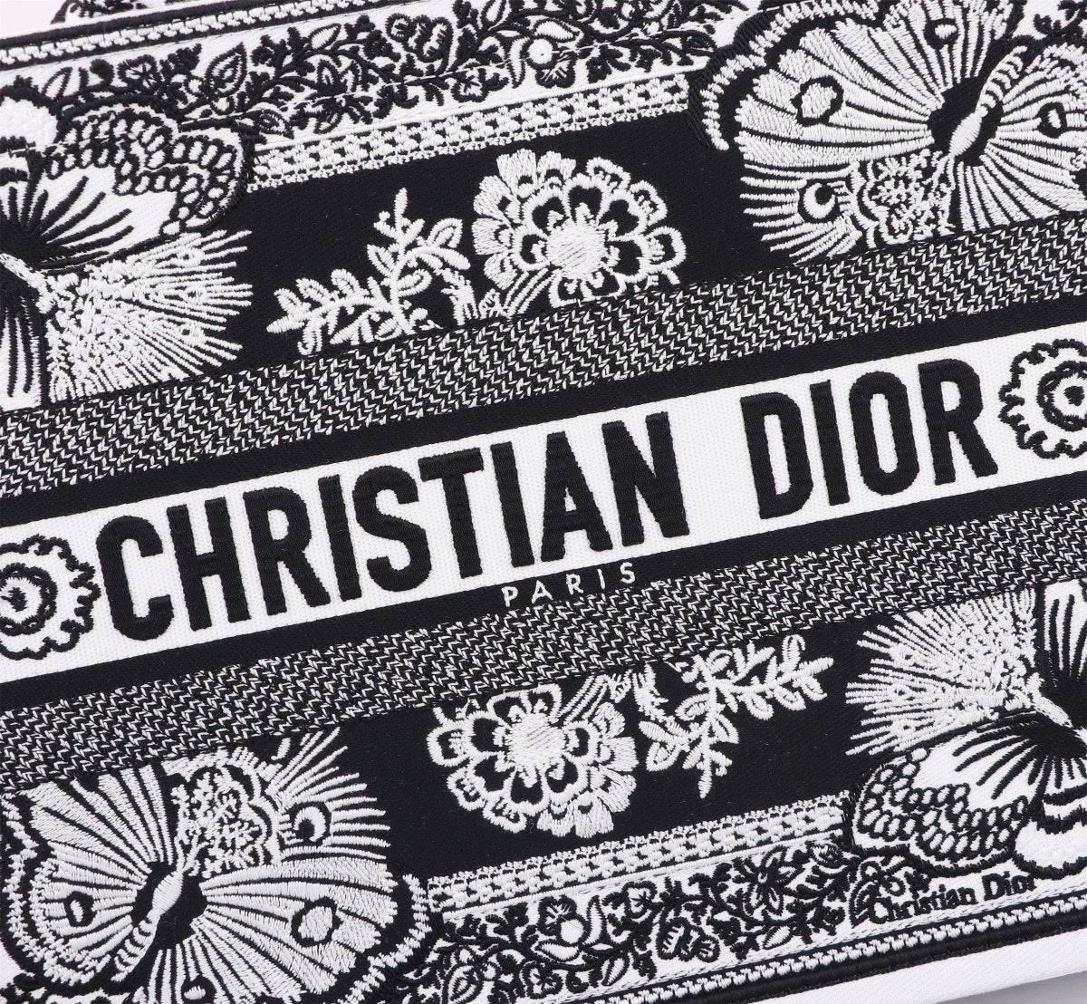 Dior Black and White Butterfly Print Embroidered Canvas Tote Bag