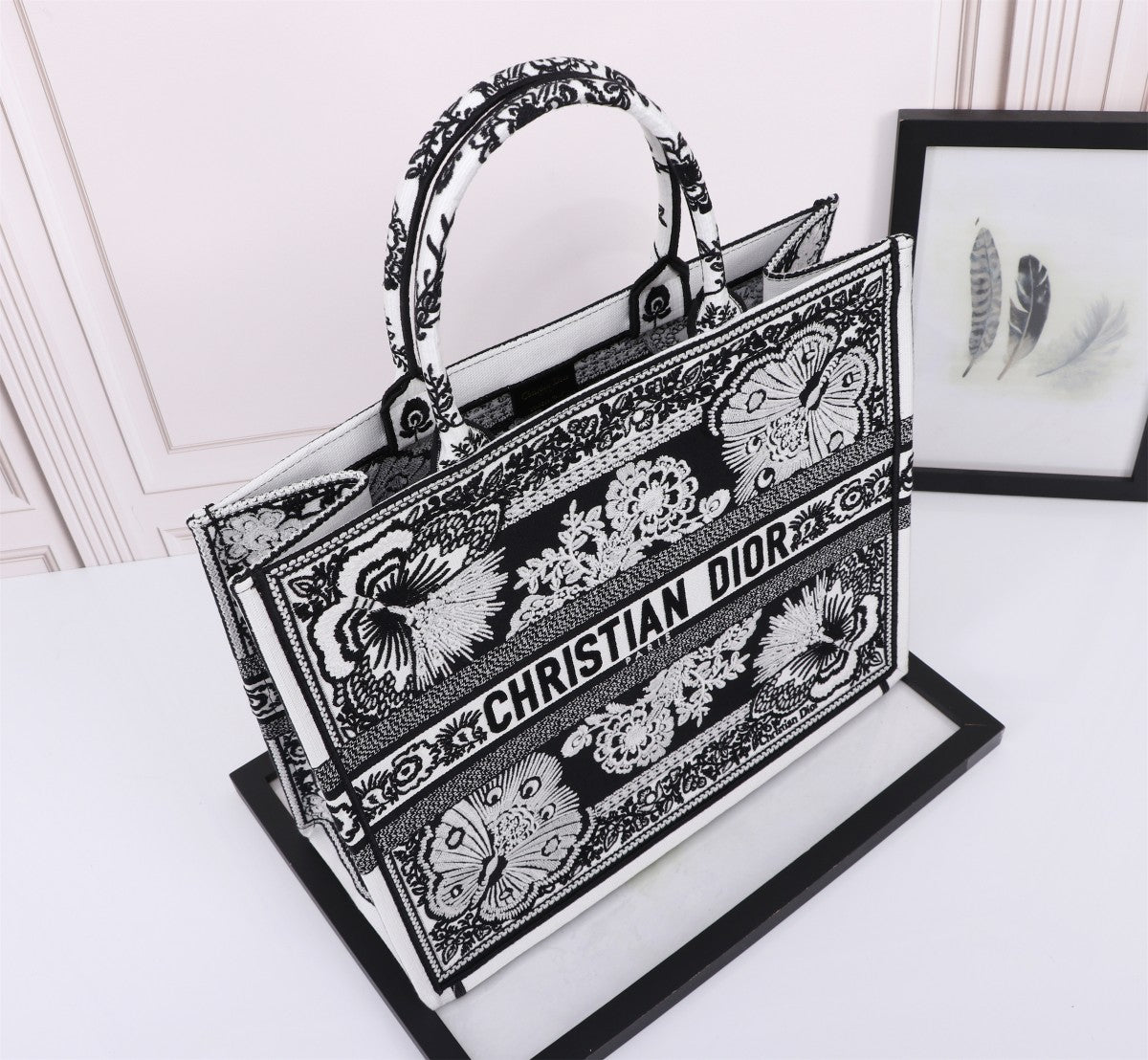 Dior Black and White Floral Butterfly Embroidered Canvas Tote Bag
