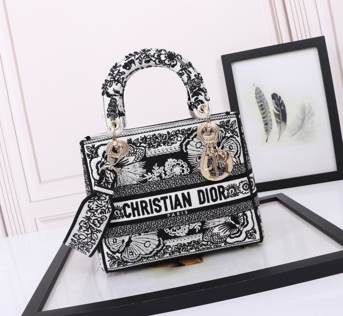 Dior Black and White Floral Embroidered Canvas Top Handle Handbag