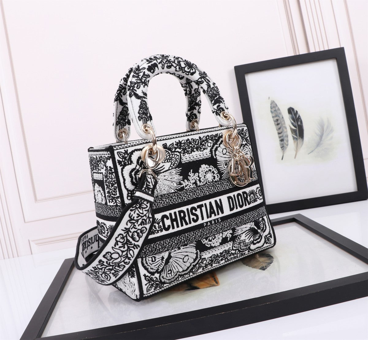 Dior Vintage Black and White Embroidered Canvas Top Handle Handbag