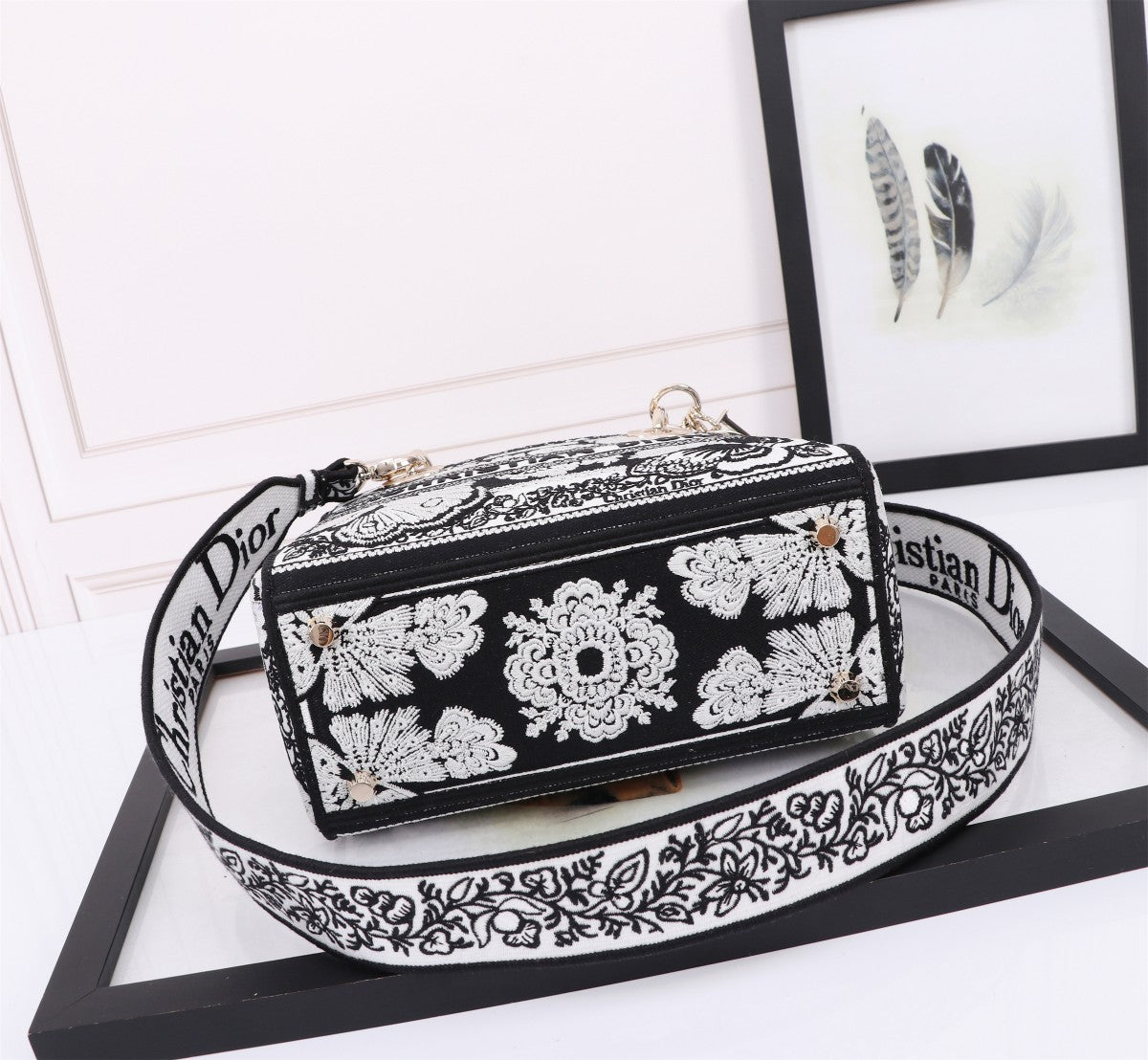 Dior Vintage Black and White Embroidered Canvas Top Handle Handbag